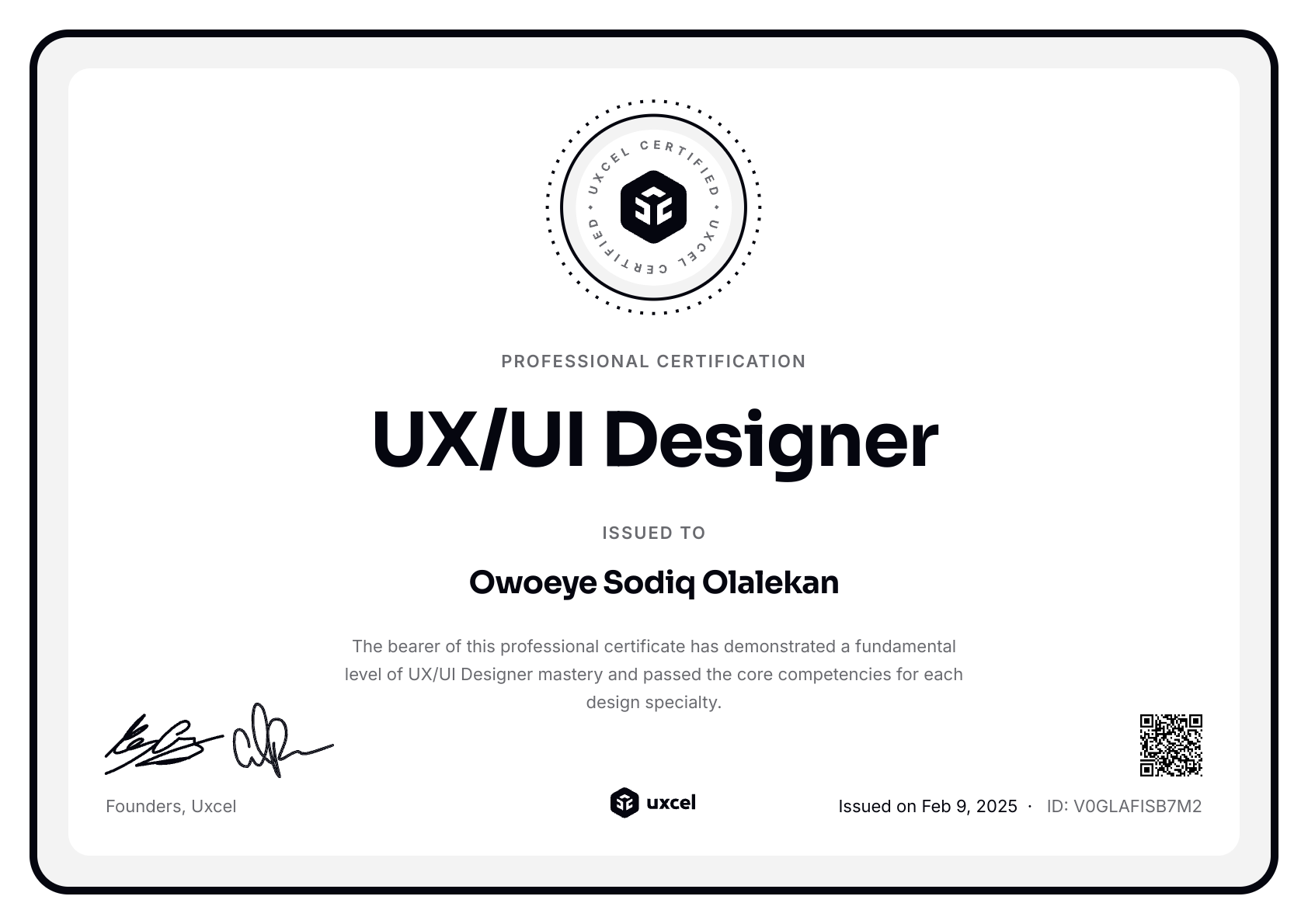 Owoeye Sodiq Olalekan's certificate